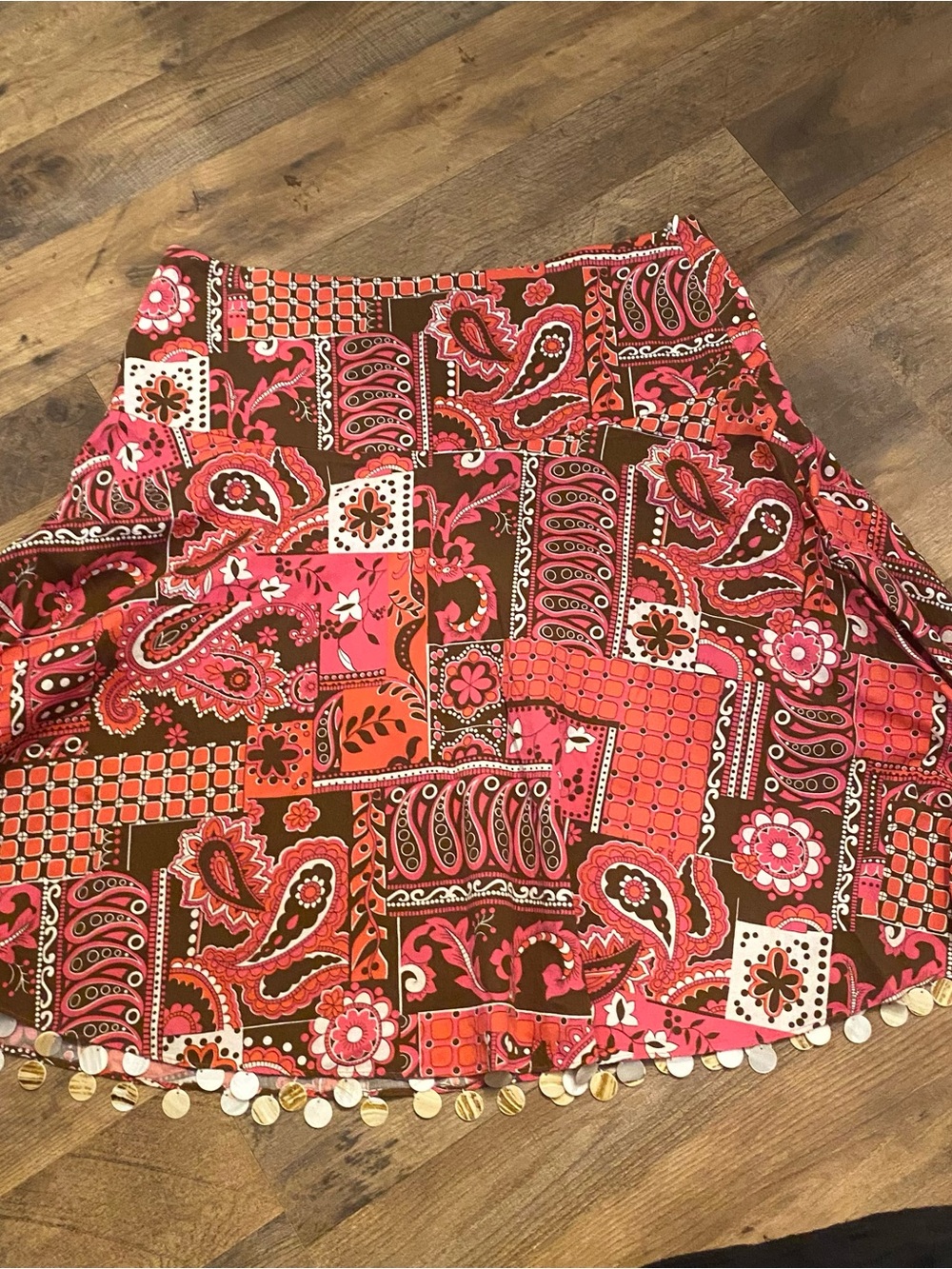 Willi Smith Pink & Brown Patchwork Paisley Skirt with Coin Fringe